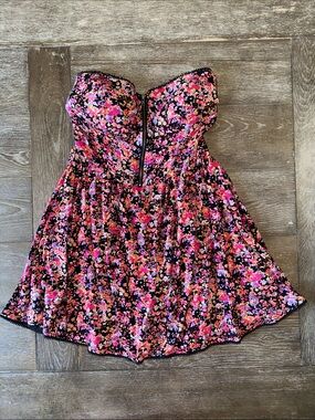 Material Girl Strapless Floral Dress in Black and Pink